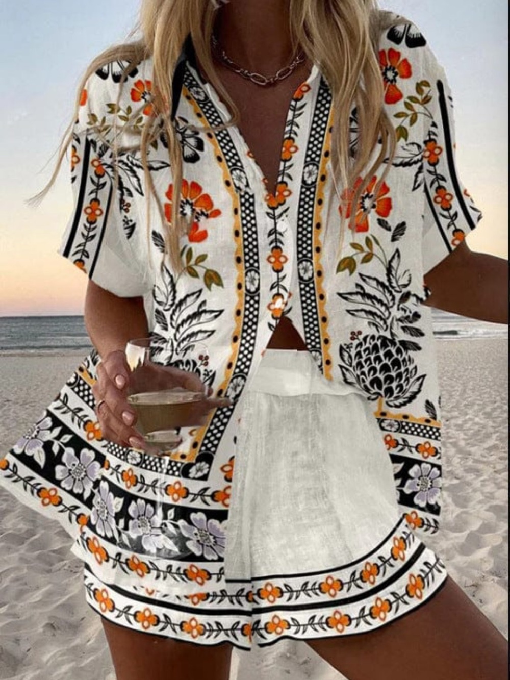 Linen Women's White Floral Set - Floral Print